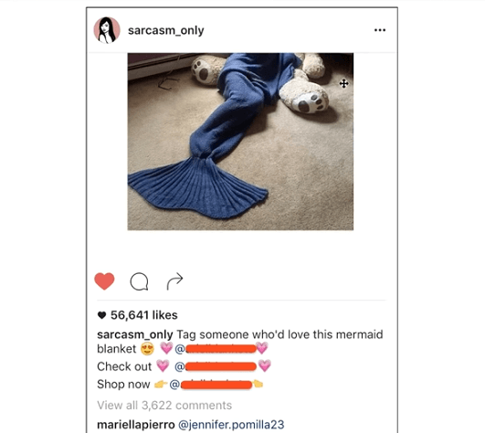 梅尔文在Instagram上为美人鱼尾巴毯做的广告,这是他的产品推荐之一